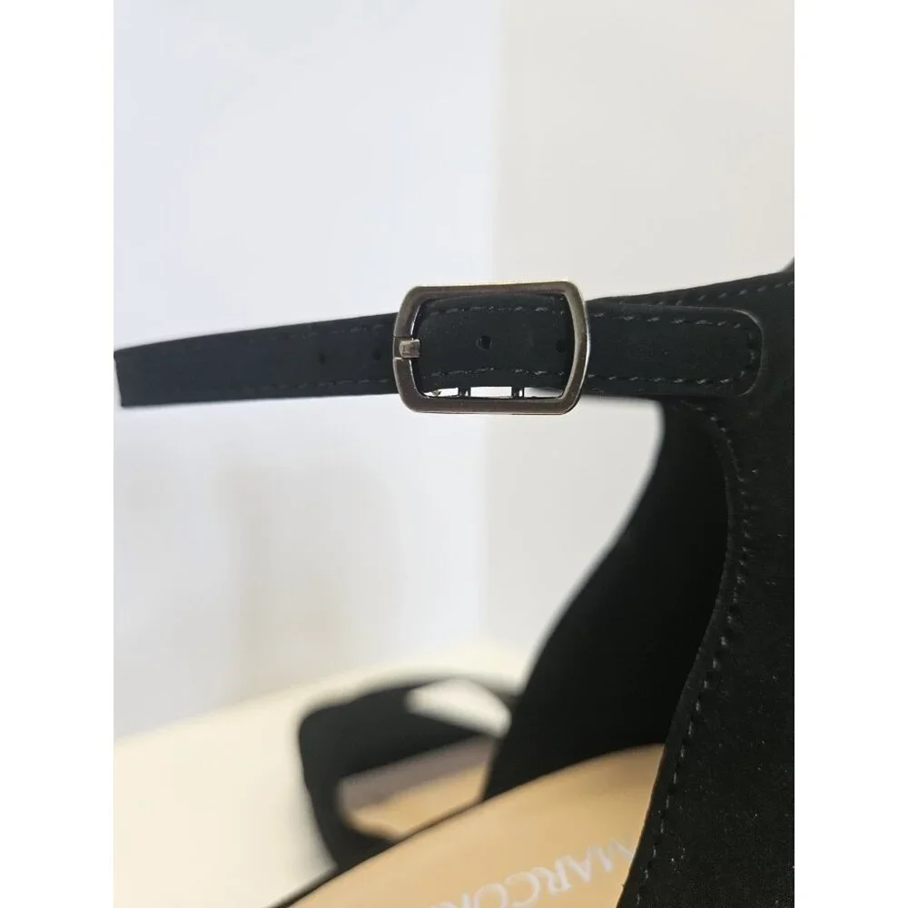 Stylish High Block Heel Women's Size 8 Open Toe Platform Ankle Strap Black Suede